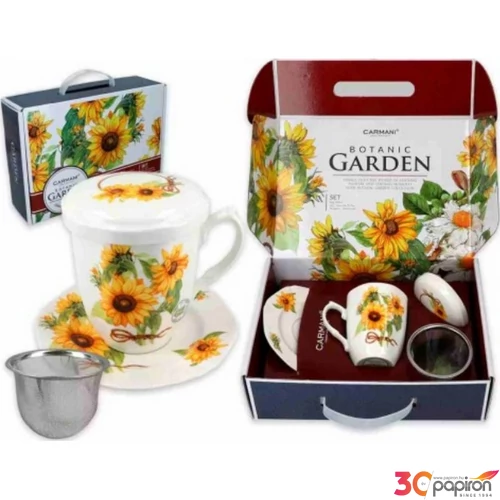 Bögre porcelán+alj 300ml tetővel, fémszűrővel, díszdobozban napraforgós