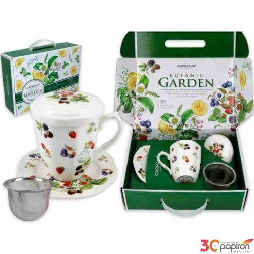Bögre porcelán+alj 300ml tetővel, fémszűrővel, díszdobozban erdei gyümölcsös