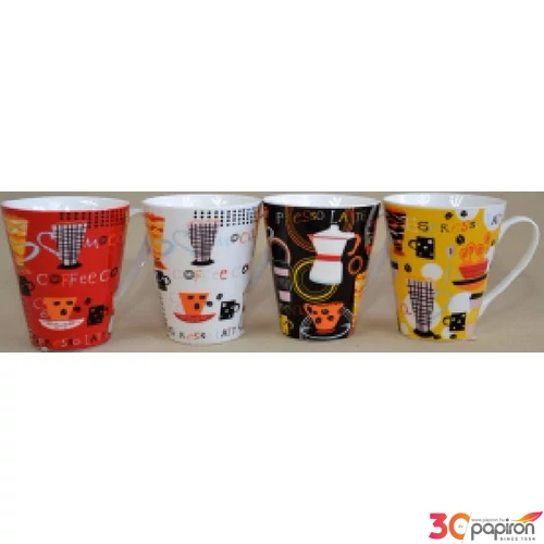 Bögre Retro Coffee dekor 300ml íves Bögre porcelán , 4különböző mintáva