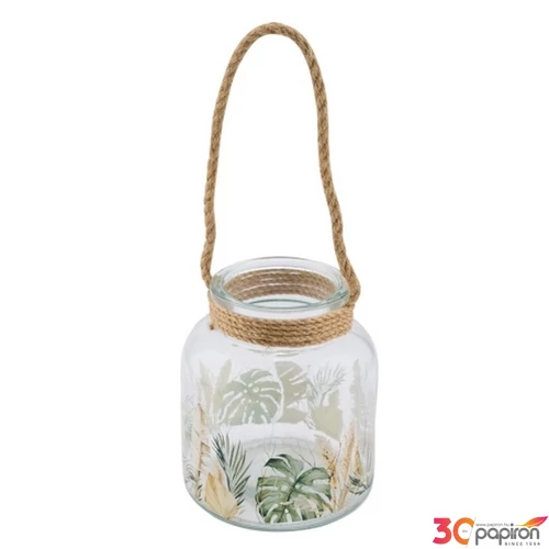 Mécsestartó üveg leveles kötél füllel 14,5x14,5x16cm 