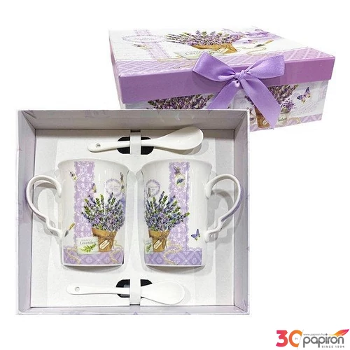 Bögreszett porcelán bögre+kanál levendula díszdobozban
