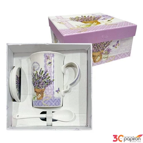 Bögreszett porcelán bögre+kanál levendula díszdobozban