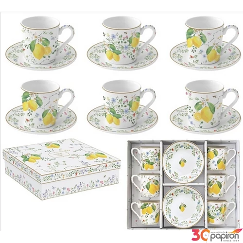 Csésze+alj kávés Porcelán 100ml Coffee Mania, Fleurs et Citrons 6db-os dobozban