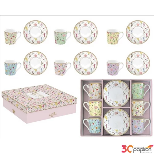 Csésze+alj kávés Porcelán 100ml Meadow Flowers, Coffee Mania 6db-os dobozban