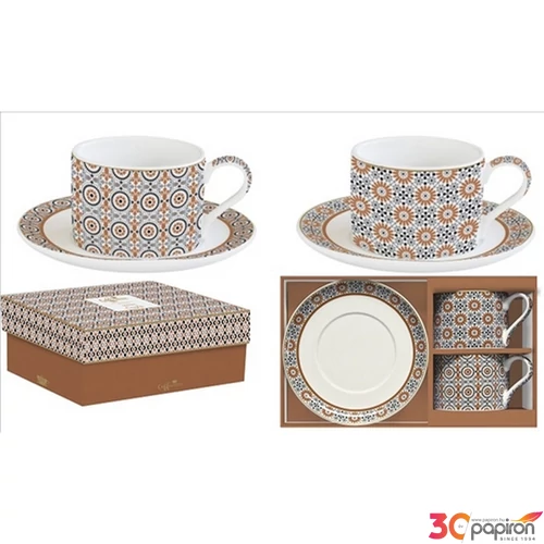 Csésze+alj Porcelán 2,4dl Coffee Mania, Geoethnic 2db-os dobozban