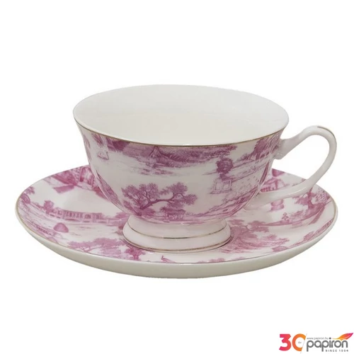 Csésze+alj Porcelán 2,5dl keleti tájas, pink