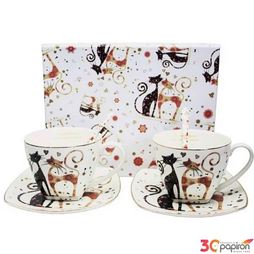 Csésze+alj Porcelán 2,5dl kanállal,2személyes fekete-barna virágos cicás