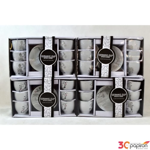 Csésze+alj Porcelán 90ml mokkásgarnitúra, 6 személyes ornamentika virágokkal 4 féle