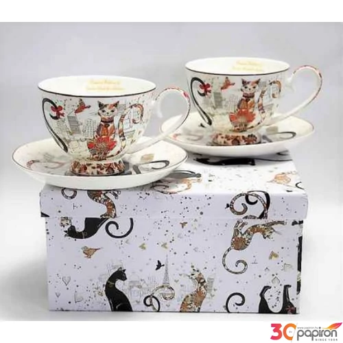 Csésze+alj Porcelán cat 2 személyes,,fekete-barna 250ml városi cicák P.P.W20CT456-25516