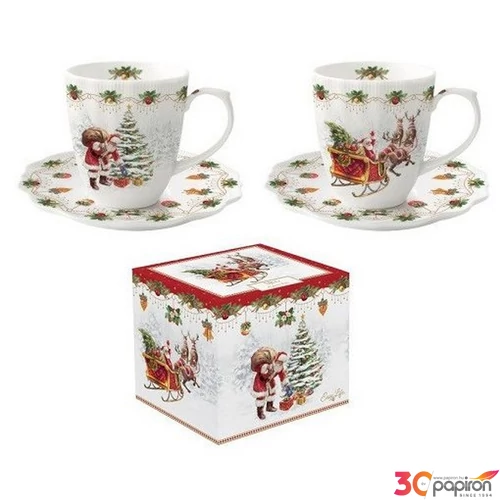 Csésze+alj Porcelán karácsonyi 110ml Nostalgic Christmas 2db-os dobozban