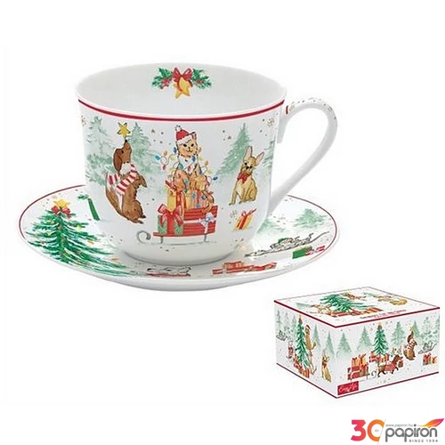 Csésze+alj porcelán reggeliző 4dl Christmas Gang dobozban