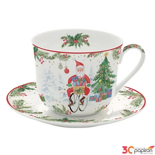 Csésze+alj porcelán reggeliző 4dl Joyful Santa dobozban