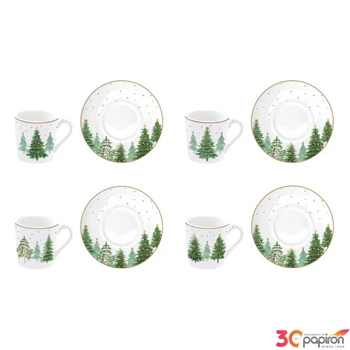 Csésze+alj Porcelán karácsonyi 100ml Festive Trees 4db-os dobozban