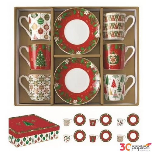 Csésze+alj Porcelán karácsonyi 6 személyes, 100ml,dobozban,Jingle Bells Coffee Mania