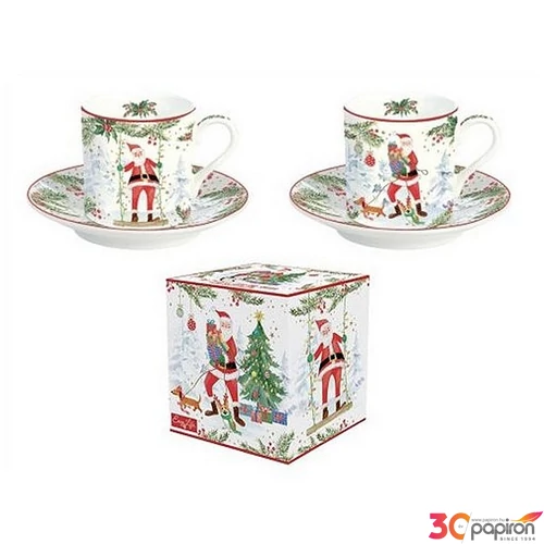 Csésze+alj Porcelán karácsonyi 75ml Joyful Santa 2db-os dobozban
