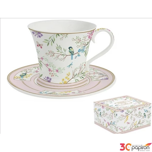 Csésze+alj porcelán reggeliző 3,5dl Birds Melody dobozban