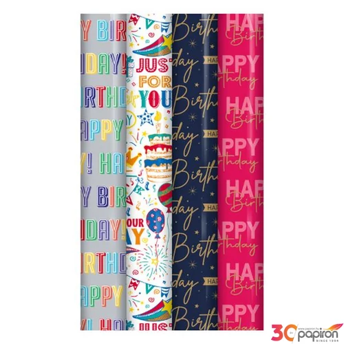 Csomagolópapír szülinapi 70x300cm, diszcsomagoló vegyes minták Clairfontaine/Eurowrap 1tekecs/ár