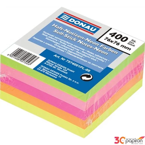 Öntapadós jegyzettömb 76x76 Donau neon mix -5szín- 400lap/csom 7574001PL-99