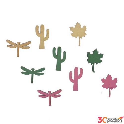 Dekor szitakötő,kaktusz,levél fa, 3cm, zöld, rózsaszín, natúr S/54