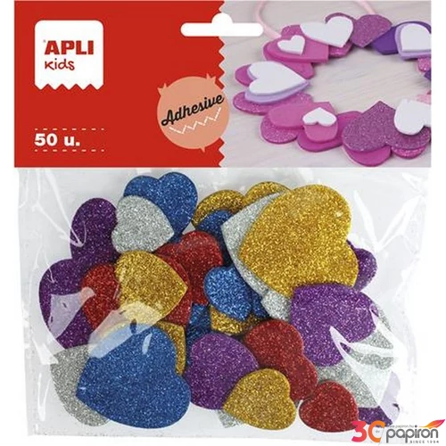 Dekor moosgumi Apli öntapadó, glitteres, szívek, Kids Eva Sheets, vegyes színek