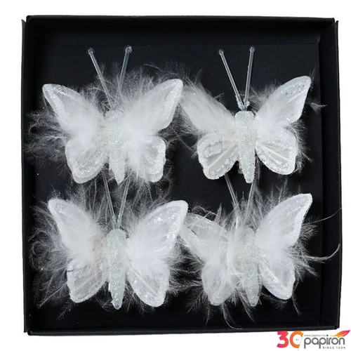 Dekor pillangó 24' csiptetős, organza anyag, fehér 5cm 4db/doboz sdkae