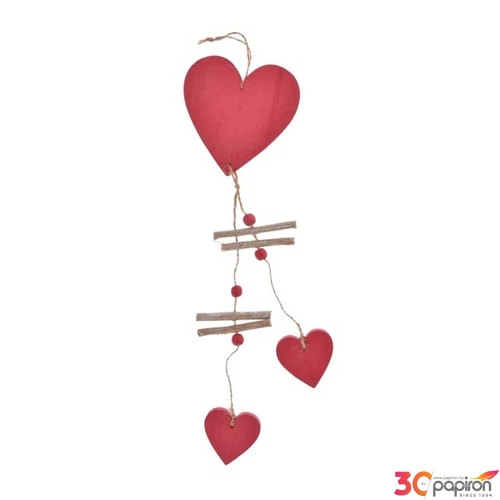 Dekor szív akasztós fa, 40cm piros 