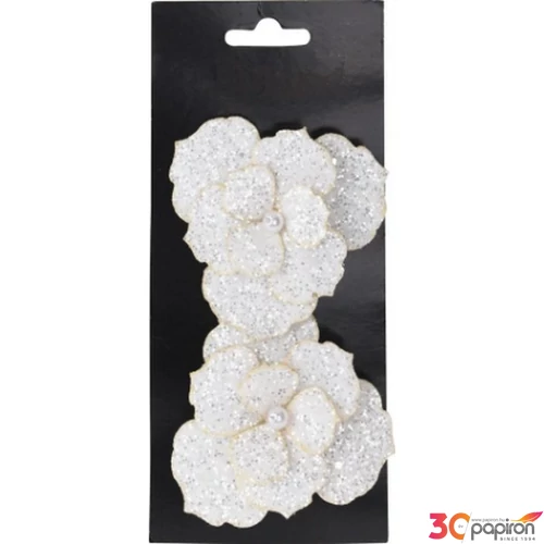 Selyemvirág - művirág glitter clipesszel fehér 2db/, 8cm fenyődísz
