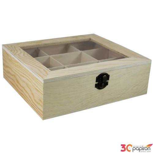 Fa teásdoboz 9 rekeszes 22x19x7cm-es natár teásdoboz GRAVÍROZHATÓ! -LY1010-