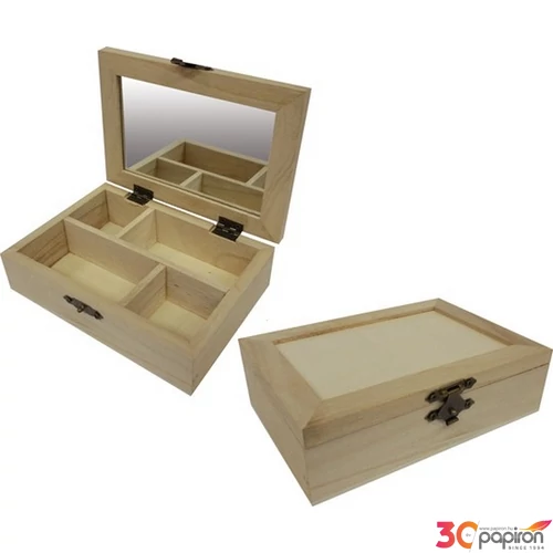 Fa dekorálható doboz natúr 4rekeszes tükrös csatos tető, 14x10x4cm GRAVÍROZHATÓ
