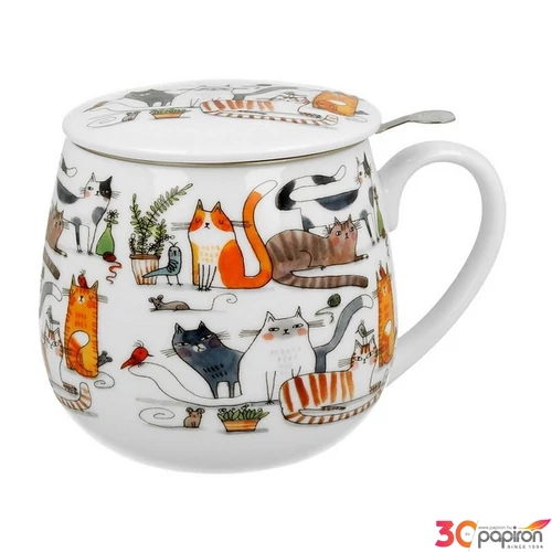 Bögre Porcelán 430ml tetővel, fémszűrővel dobozban Leniwe Koty