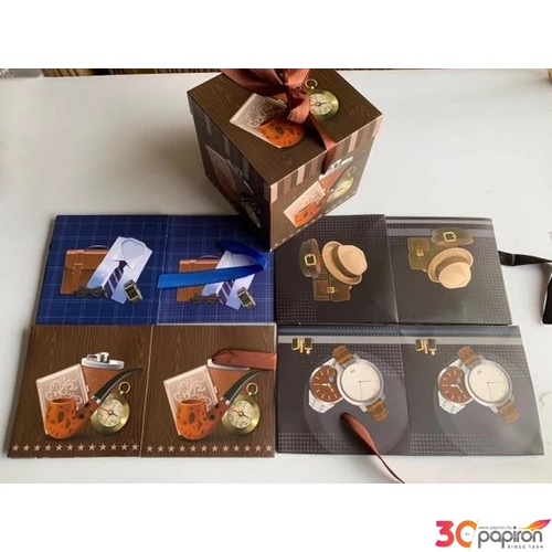 Díszdoboz ajándéknak masnis hajtogatós, vegyes mintás, 15x15x15cm ajándék doboz