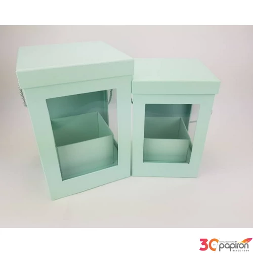 Díszdoboz karton ablakos 2/1 kötél füles menta L.19.5x19.5x29cm 