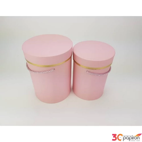 Díszdoboz karton henger 2/2 kötélfüles arany szegély, pink 15x20cm 