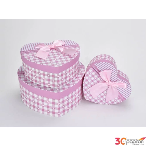 Díszdoboz szív alakú S méret, rózsaszín-fehér, kockás-csíkos S/3/1 [5998997714848-6908071001060]