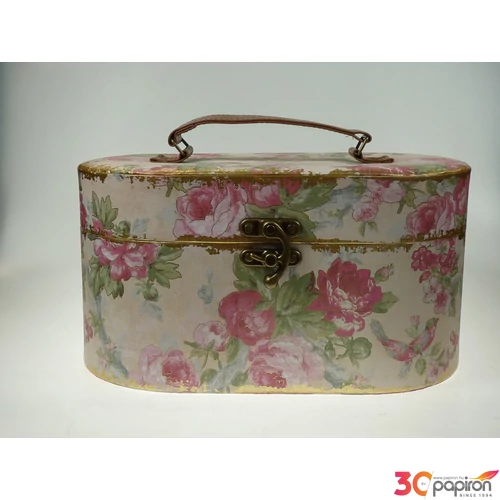 Ékszerdoboz papír ovális Antik rózsás dekorral tük 30x18x15cm