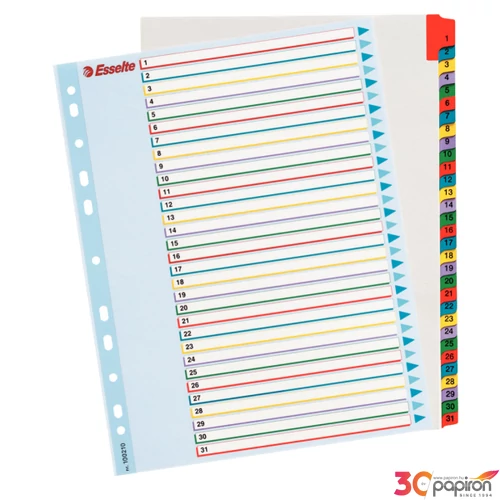 Elválasztó regiszter Esselte A4 1-31-ig, laminált színes újraírható Esselte