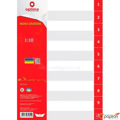 Elválasztólap A4 PVC Optima 1-10 natúr regiszteres Papiron