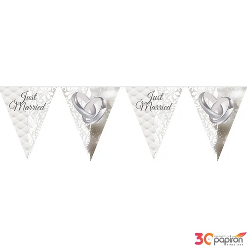Esküvői party zászlófűzér 10m Just Married mintás dekorációs fűzér (15db 27cm zászló/csomag) Esküvőre