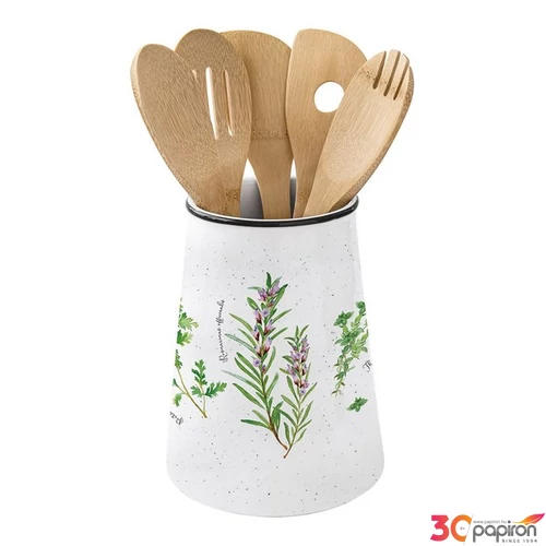 Evőeszköztartó Porcelán 15x19cm, 5db bambuszkanállal dobozban, Herbarium