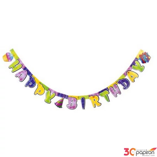 Party banner papír fűzér 1,6m Happy Birthday színes mintás muffinos