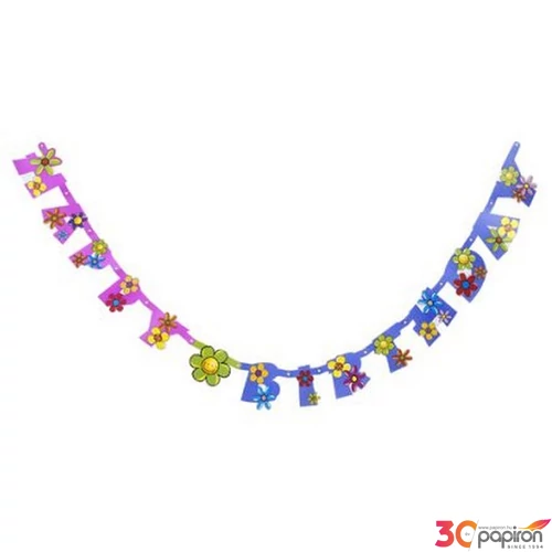 Party banner papír fűzér 1,6m Happy Birthday színes mintás virágos