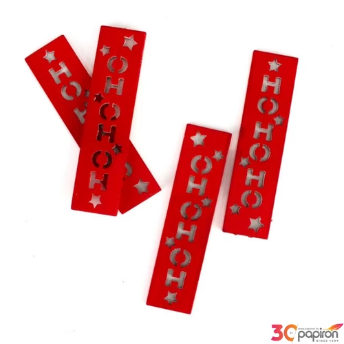 Fa biléta feliratos HOHOHO, 4db/csomag piros 2x10cm
