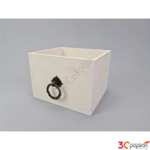Fa dekor tároló fehér festett, 15x13x11cm fém fogantyús GRAVÍROZHATÓ!