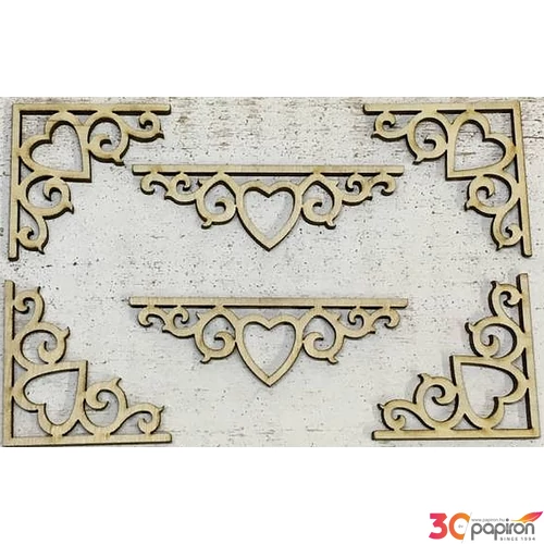 Fa dísz szíves sarokdísz - ornamentika 8cmx4.5cmx3mm 6db/cs