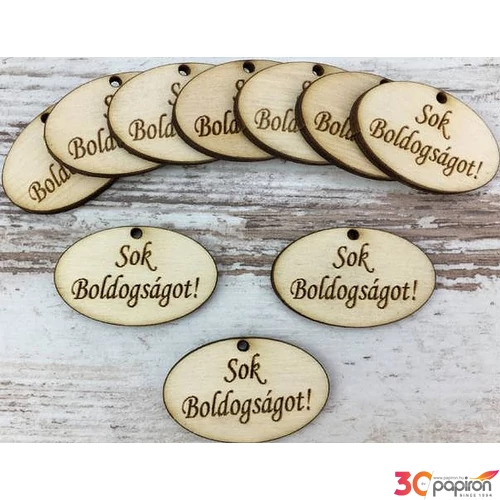 Fa felirat tábla Sok boldogságot! ovál 2, 5x4cm 10db/cs