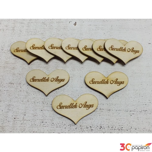Fa felirat tábla Szeretlek Anya Szív 5cmx3cmx3mm 10db/cs