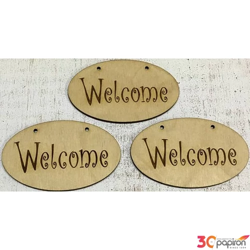 Fa felirat tábla Welcome ovál 9cmx5.5cmx3mm 3db/cs