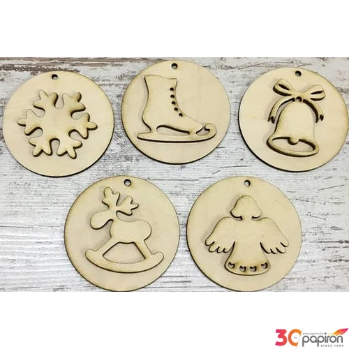 Fa figura dísz karácsonyi figurákkal 7cm - kör 5db/cs