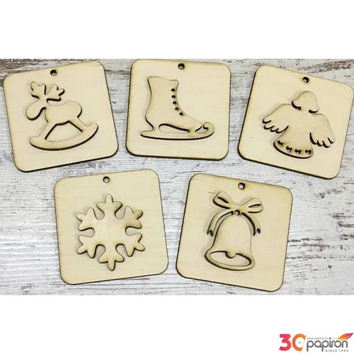 Fa figura dísz karácsonyi figurákkal 7cm - négyzet 5db/cs