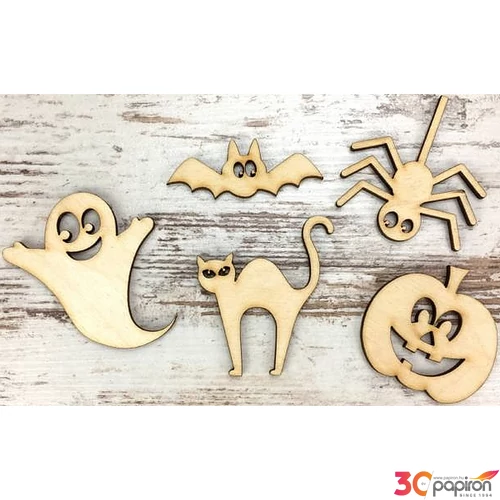 Fa figura Halloween szett tök, szellem, pók, macska, denevér 5cm 5db/cs